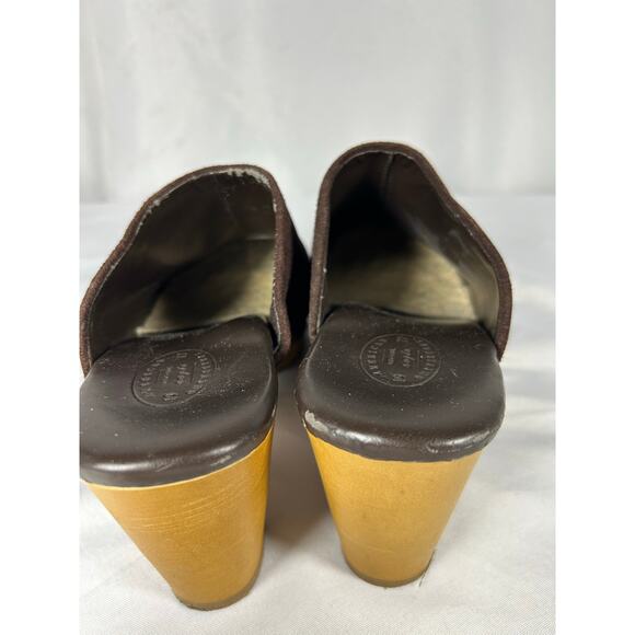 American Eagle Outfitters Suede Brown Leather Mule Clogs Sz 9 Wood Heel Bohemian - Picture 3 of 9